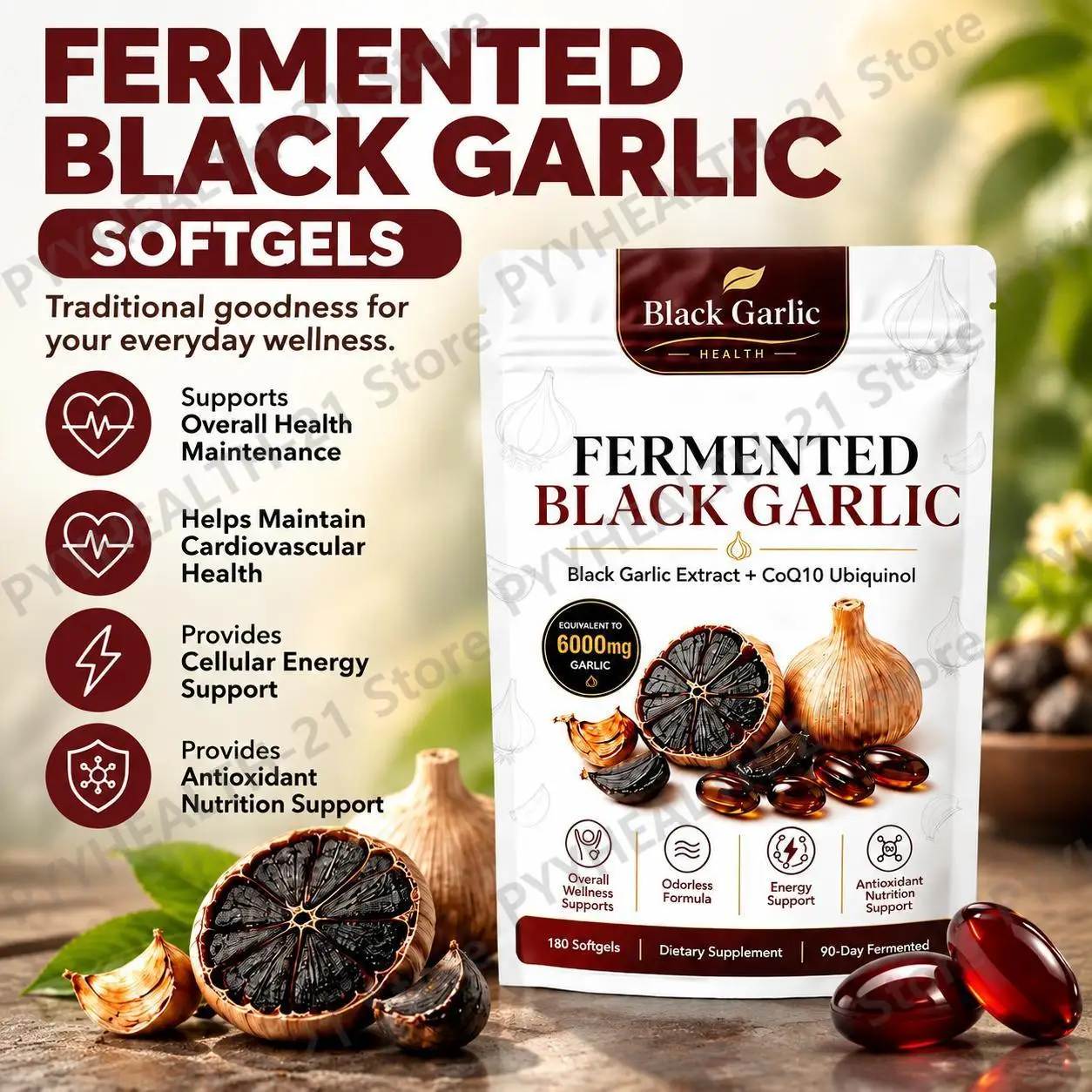 90-Day Fermented Black Garlic Softgels Supports Cardiovascular Health Antioxidant Cellular Energy CoQ10 180 Softgels for Adults
