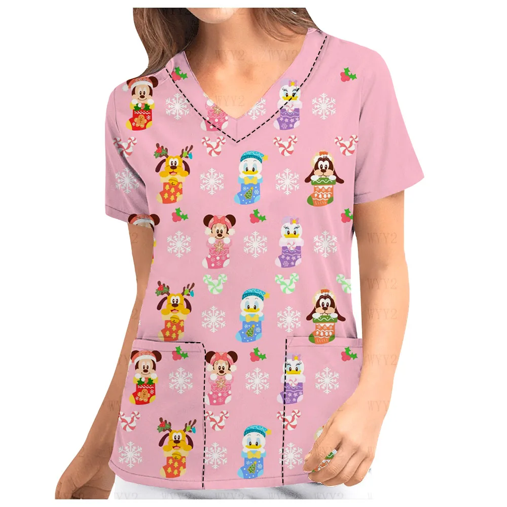 Summer V-Neck Print Scrub Top Disney Christmas Cute Print Women's Short Sleeve Nurse Caregiver Cafe Clerk Work Uniform