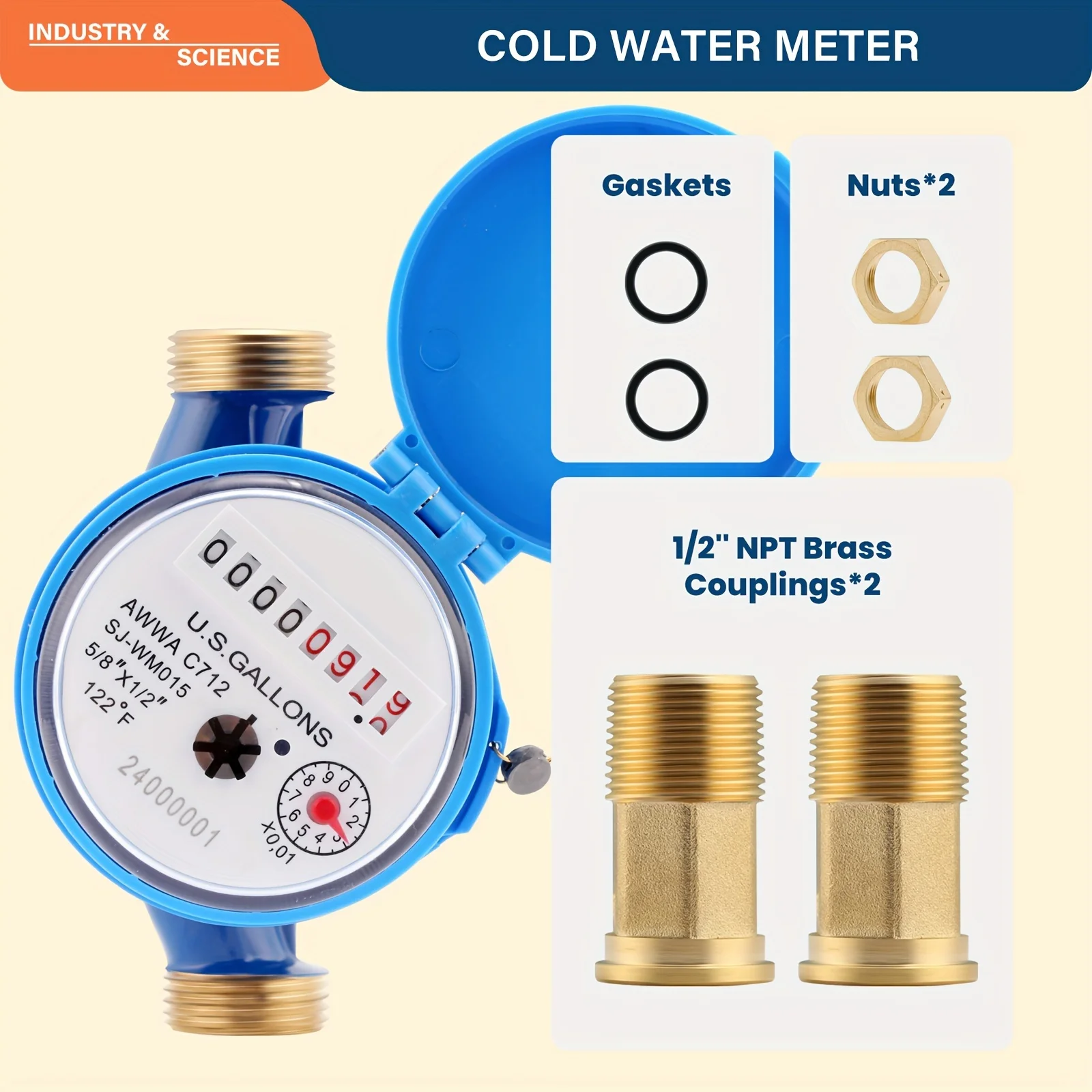 Расходомер холодной воды DN15 1/2 дюйма NPT с одним струмом, галлон, идеально подходит для сада, дома и жилого использования Расходомер холодной воды DN15 1/2 дюйма NPT с одним струмом, галлон, идеально подходит для сада, дома и жилого использования