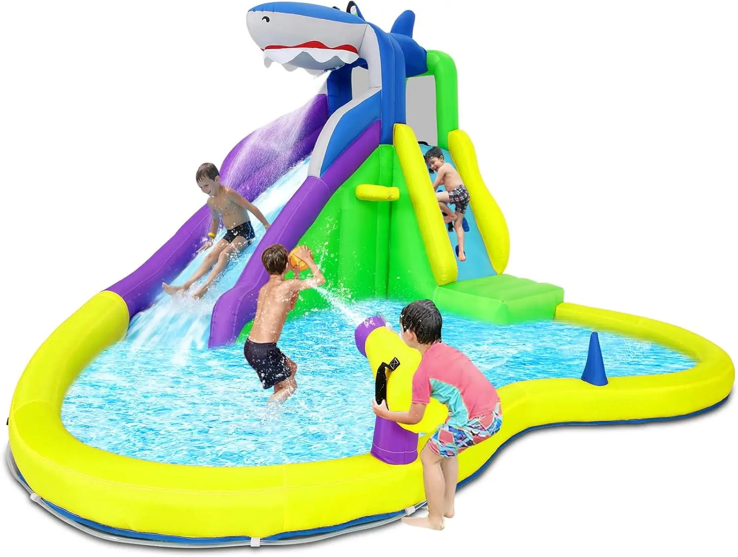 13x14FT Inflatable Bounce House with Water Slide, Climbing Wall, Water Gun, and Pool - Outdoor/Indoor Play Center for Kids Ages 3-12, Light Yellow