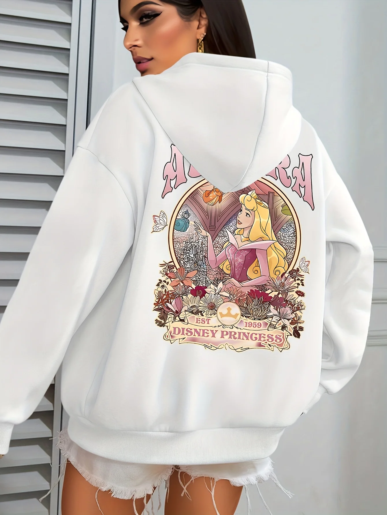 سويت شيرت نسائي بقلنسوة أنيق وجميل من Disney Princess and Fairy Print للخريف والشتاء بسحاب