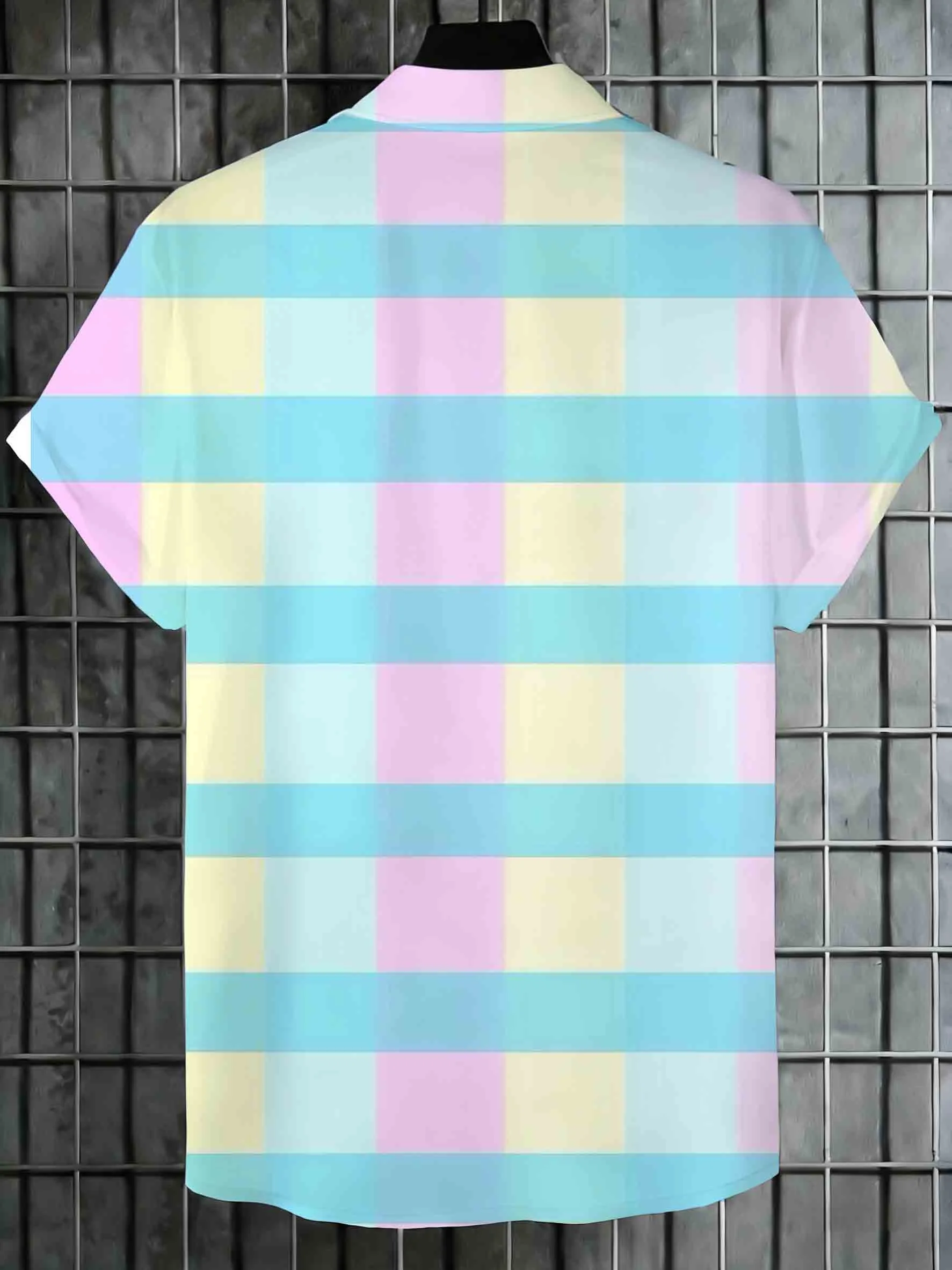 Men Short Sleeve Shirt Pastel Macaron Color Plaid Print Turn‑Down Collar Button‑Up Summer Top