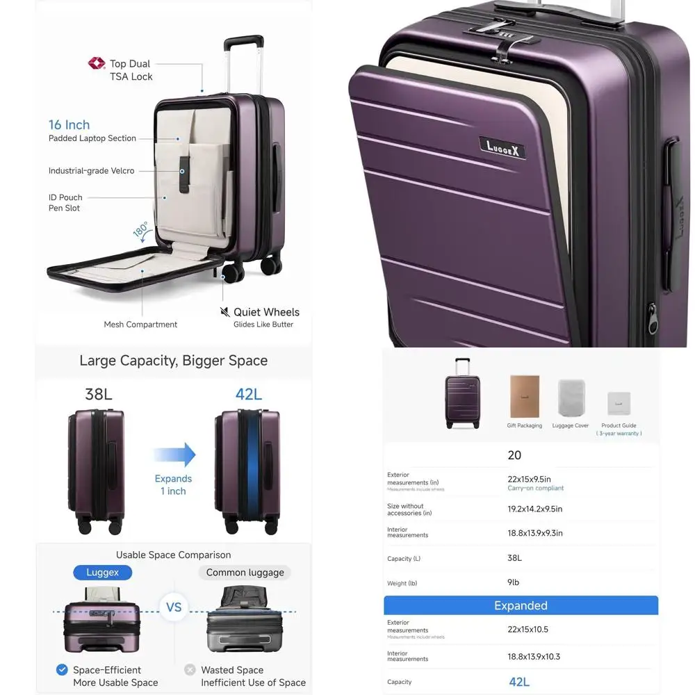 20 Inch Purple FLO5 Expandable Polycarbonate Carry-On Suitcase with Front Pocket, Airline Approved