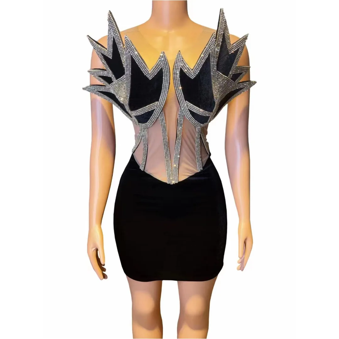 Hot Diamond Seksowna aksamitna sukienka bez rękawów z siatki Strój piosenkarza Impreza Wysokiej klasy sukienka na występy Sukienki zdobione kryształami