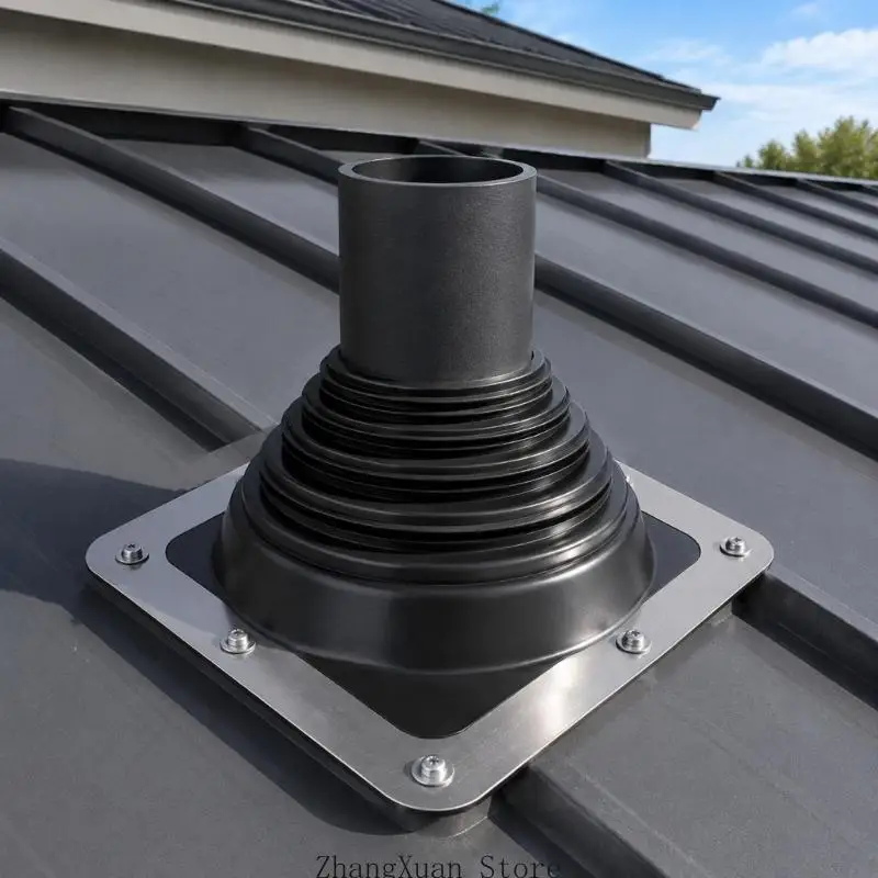 Abgasleitungs-Dacheinfassungsbaugruppe mit quadratischer Metallbasis und flexibler Stufenmanschette für Installationsarbeiten – Detail 10