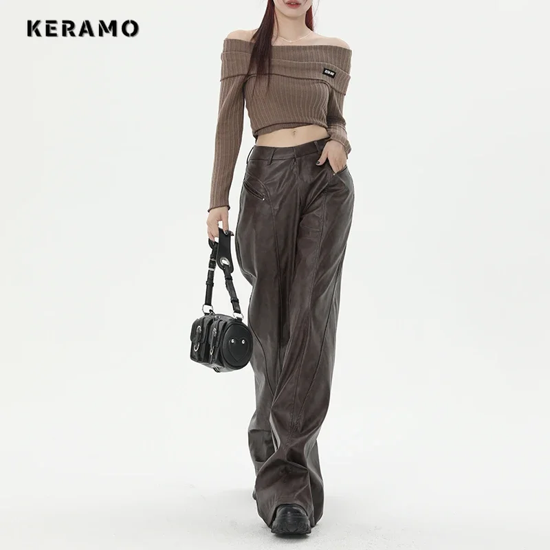 

2023 Winter Vintage Casual Style High Waist Wide Leg Straight Pants Women's Fashion Loose Fit Retro Leather Full Length Trousers