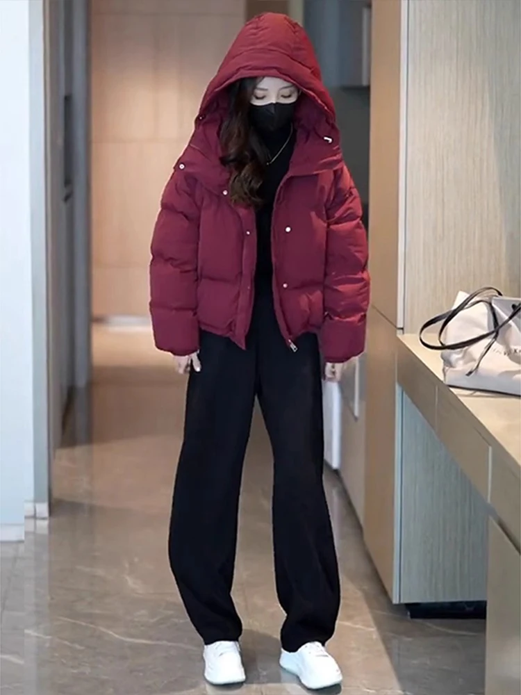 

Winter Thiened Red Wine Color Cotton Jaet Women's Outerwear ort Sle Warm Bread Sle Cotton Clothes Korean Version