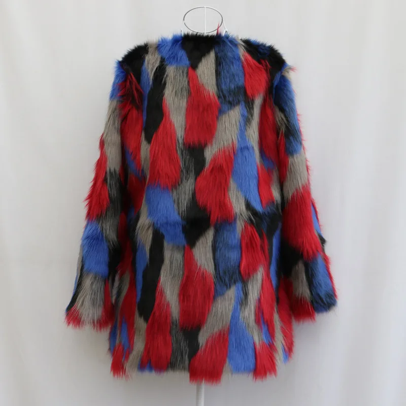 Luxury Colorful Patchwork Fluffy New Women's Fur Coat Faux Beach Wool Coat Winter Warm Fox Fur Top Design Streetwear Trendy