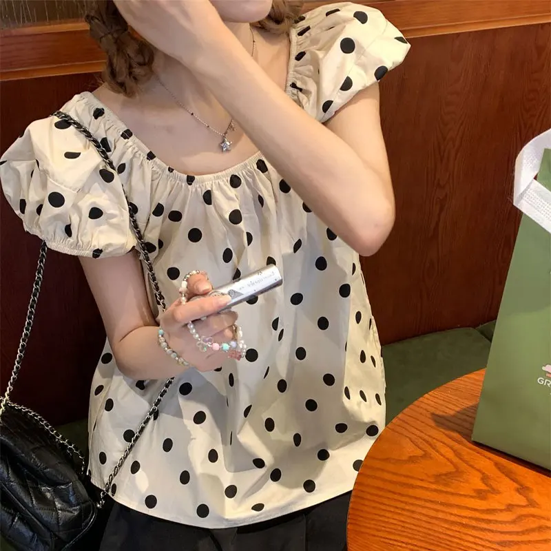 French Style Sweet Polka Dot Blouse Summer Fashionable Puff Sleeve Women's Clothing Casual Loose Round Neck Folds Basic Shirts