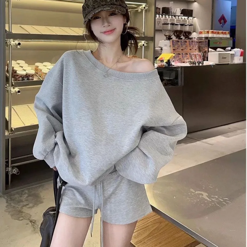 American Style Lazy  Color Shoulder Bared Long Sleeve Hoodie Women's Autumn Winter Small Size Sweet And Spicy Top Hoodie...