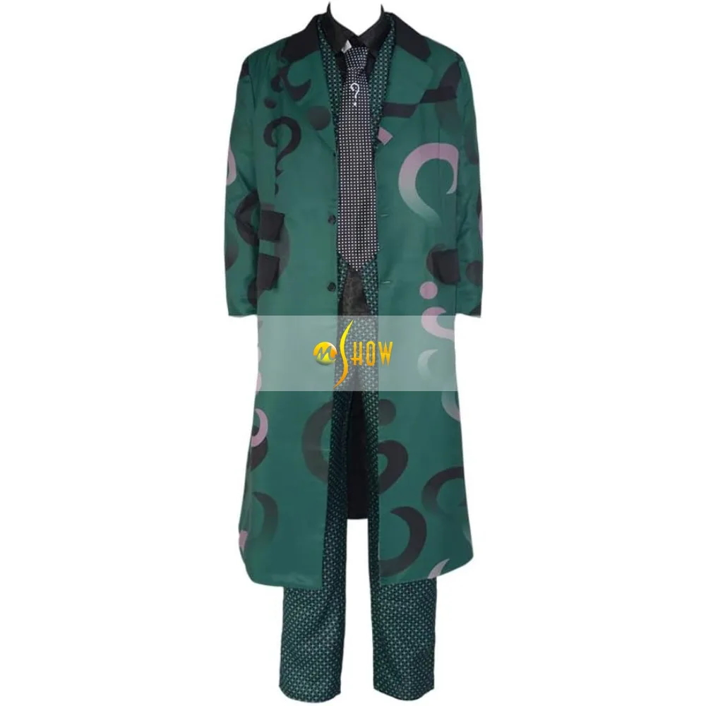 Adult Riddler Cosplay Edward Nygma Costume Green Question Mark Printed Suit Jacket Coat Pants