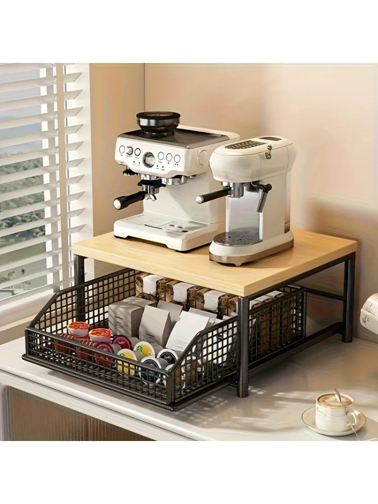 Ruimtebesparende keukenoporganizer met lade en draadmand - Stevige hardhouten plank voor koffiezetapparaat. - afbeelding 2