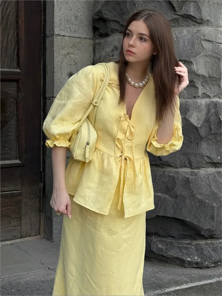 

Yellow Cotton Linen Shirt For Women Fashion Casual V-Neck Lace-Up Short Sleeve Blouse Female 2025 New Summer Elegant Chic Tops