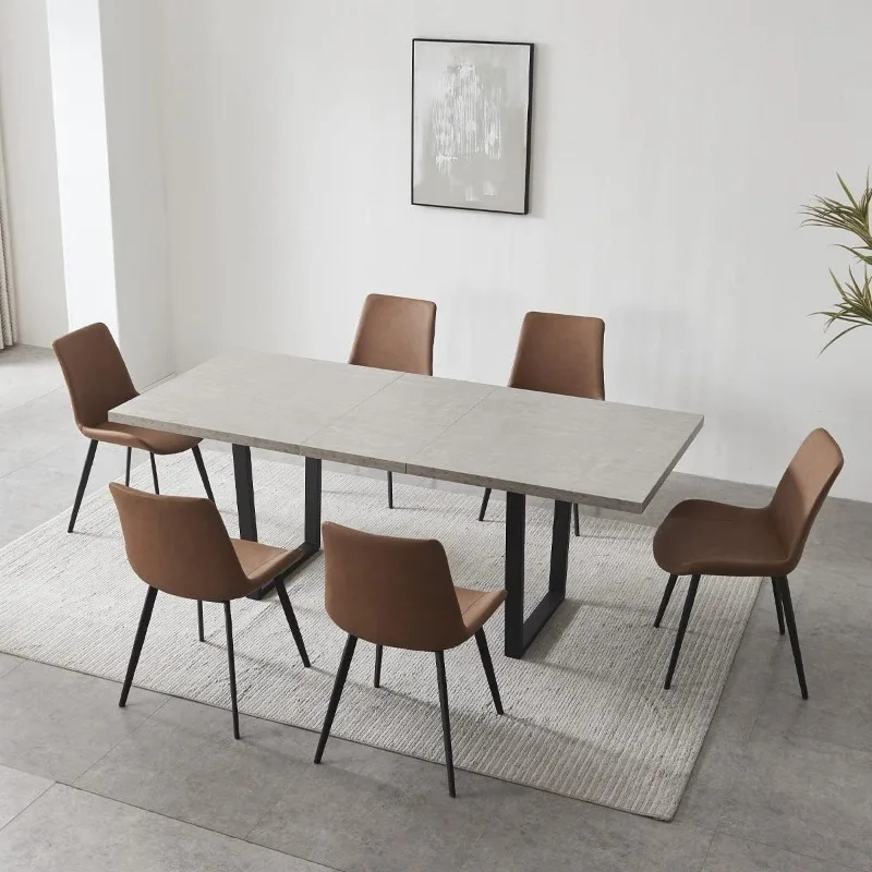 

Modern Dining Table Set for 6-8 People Kitchen Dining Room Table Set Extendable Wood Dining Table and 6 Upholstered Chairs