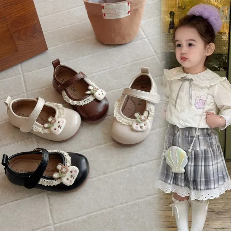 

Spring Baby Cute Cartoon Single Leather Shoes Girls Fashion Lace Round Mary Jane Shoes Little Princess School Performance Shoes