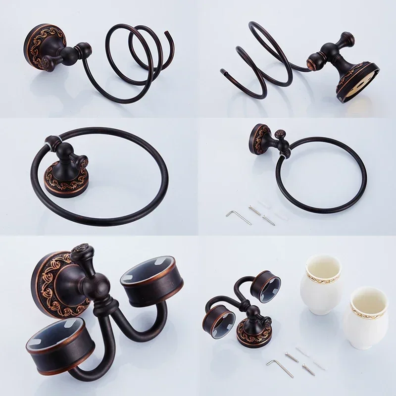 

Black Bronze Bathroom Accessories Carving Bath Towel Shelves Toilet Brush Holder Soap Holder Toilet Paper Holder Bath Hardware