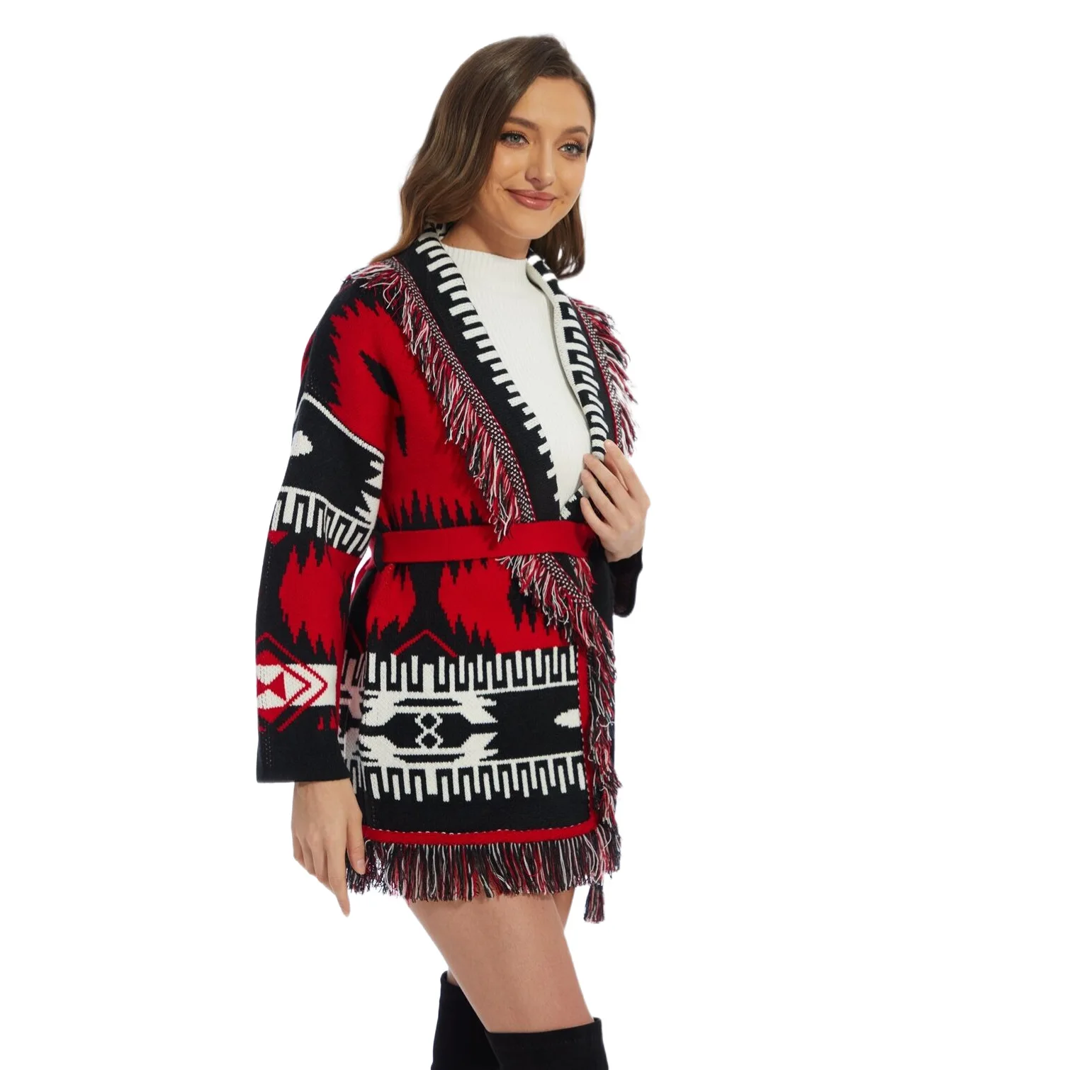 

Vintage Ethnic Fringe Jacquard Midlength Sweater Cardi Long Sve Thiened Women's Knittedwear Mid-Spring Faion