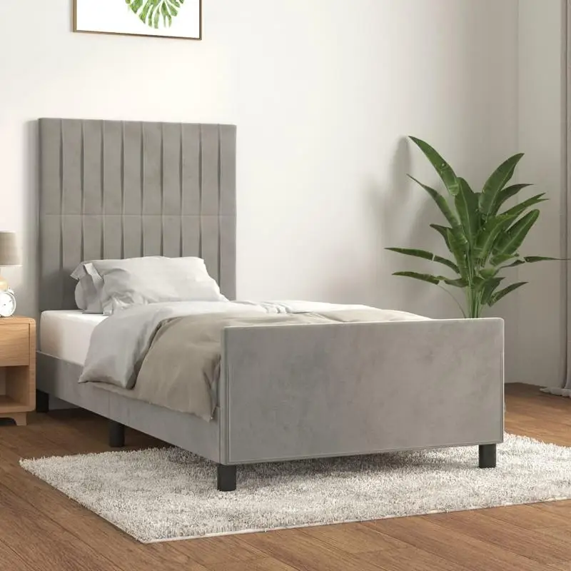 Cadre de lit sans matelas gris clair 100x200 cm en velours, cadre de lit à lattes sans matelas, montage facile, design peu encombrant
