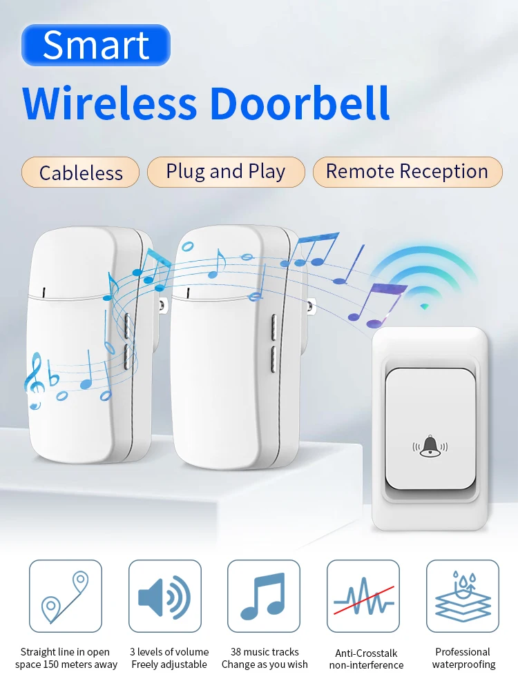 Outdoor Wireless Doorbell Waterproof House Chime Kit 300M Remote EU US Intelligent Smart Door Bell Home Garden Remote DoorBell