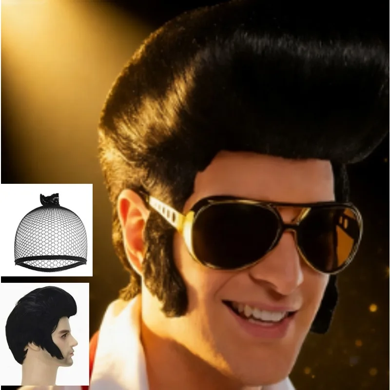 

Парик Элвиса Пресли для мужчин - черный, термостойкий, из синтетических волос, для костюмированных вечеринок в стиле рок-певца, с бесплатной шапочкой (черный)