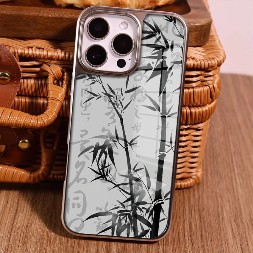 Custodia per telefono con pittura a inchiostro Shui in stile cinese per Iphone 16 15 14 13 Pro 12 Max Plus 16Pro Custodia per telefono in bambù Anti Goccia 15Pro Cover
