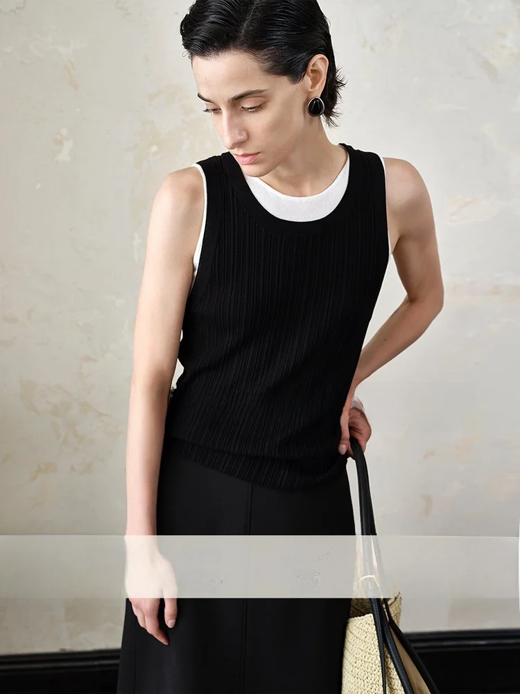 

COOBLOOM Women's Slim Fit U-Ne Silk Vest Fake Two-Piece Summer Inner Wear Base Layer ort Straight Cut Pure Color