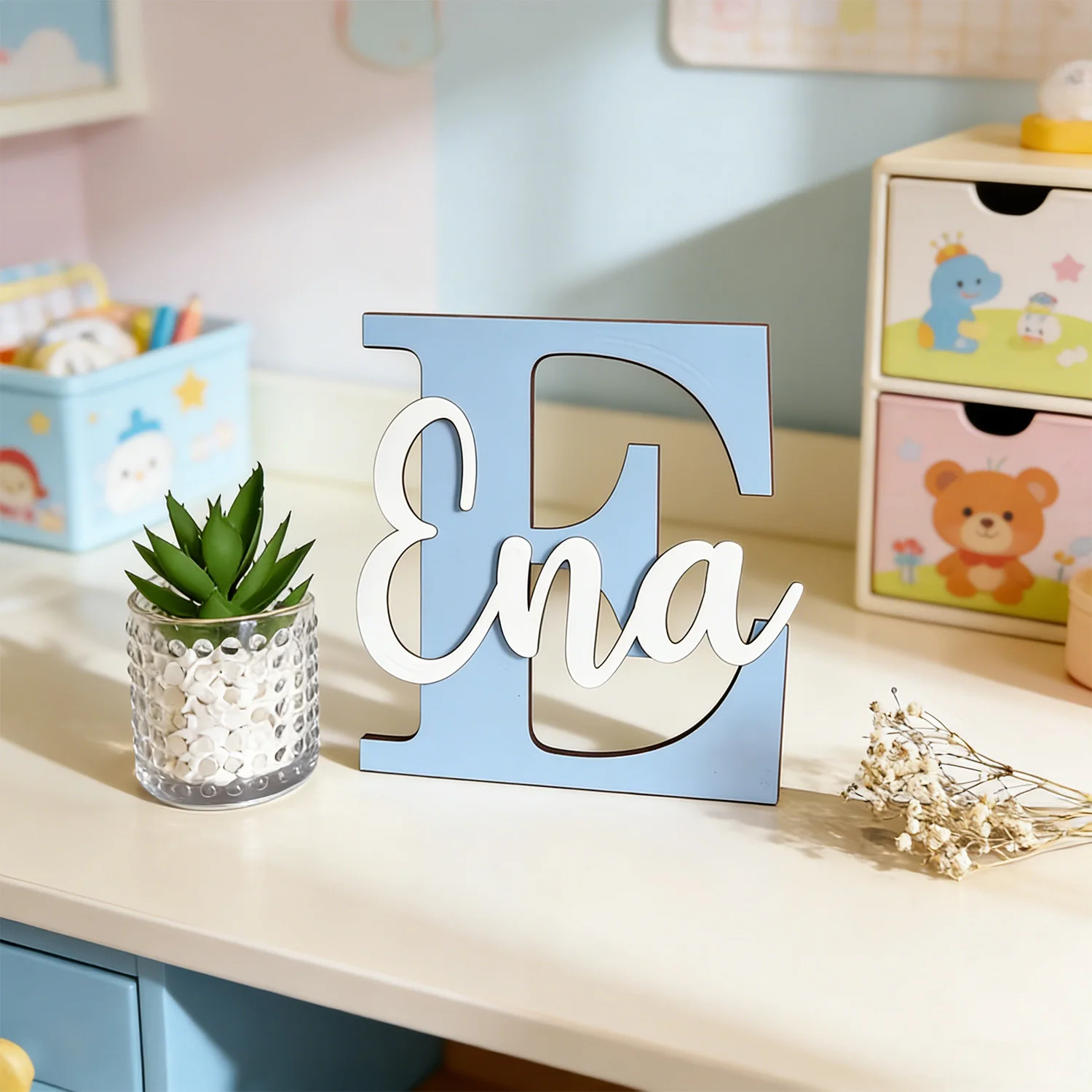1pc Custom Two Layer Light Purple Initial Letter Wooden Name Sign Personalized Script Text Wall Tabletop Bedroom Decor Plaque view 6