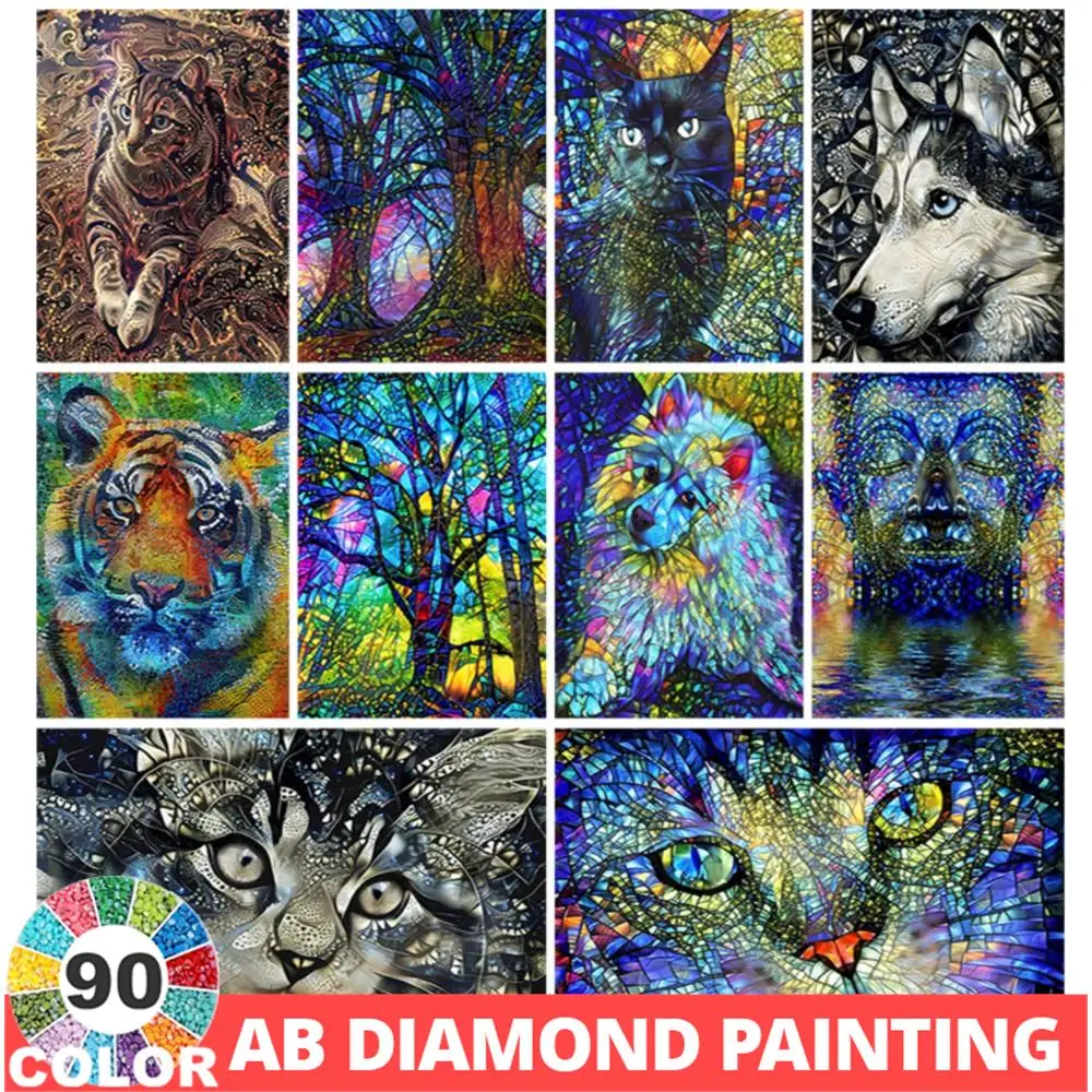 90 Colors AB Stained Glass Diamond Painting Dog Cat Flower Tree Mosaic Art 5D Embroidery Full Cross Stitch Creative Home Decor