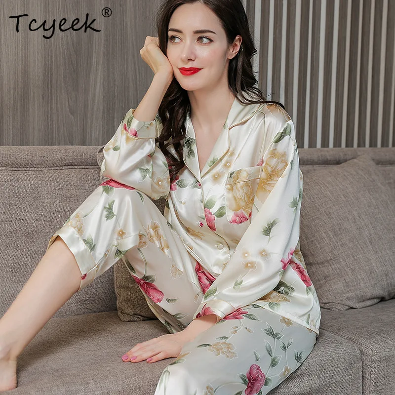 

Tcyeek Fall 16MM 100%Real Mulberry Silk Pajama Set Women Satin Print Pyjama Pj Suit Long Sleeve Bedroom Sleepwear Set P36637QC