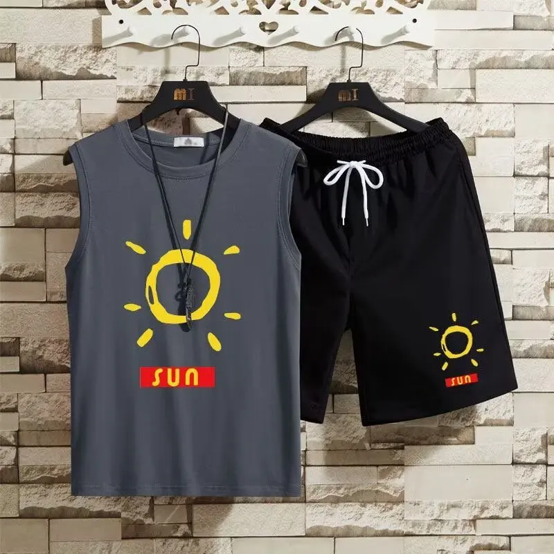 

Летний комплект из ледяного шелка: мужская свободная спортивная майка без рукавов и шорты больших размеров, комплект из двух предметов, полиэстер