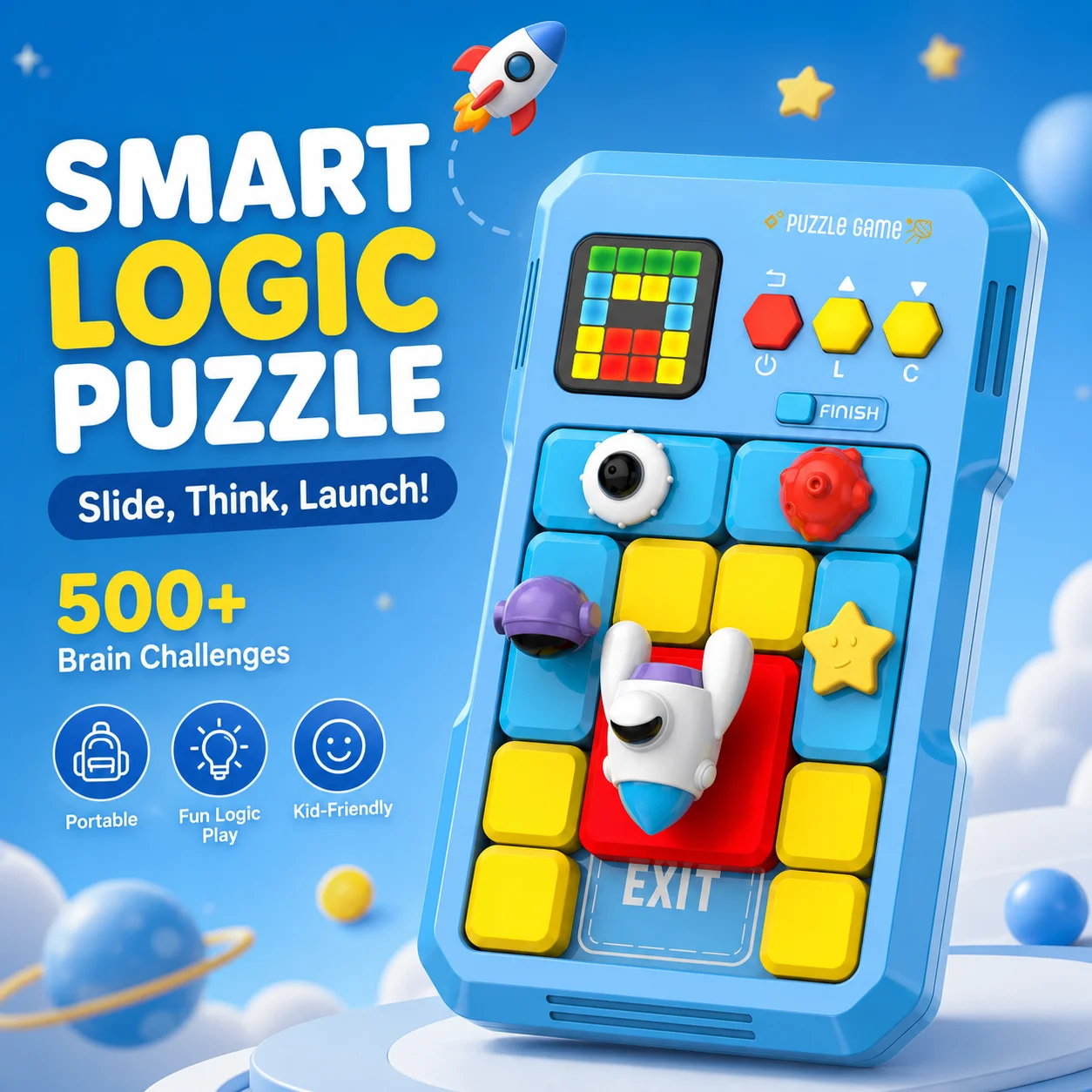 Smart Electronic Space Logic Puzzle, 500 Levels Handheld Sliding Block Brain Game, Portable STEM Toy for Kids Age 4+