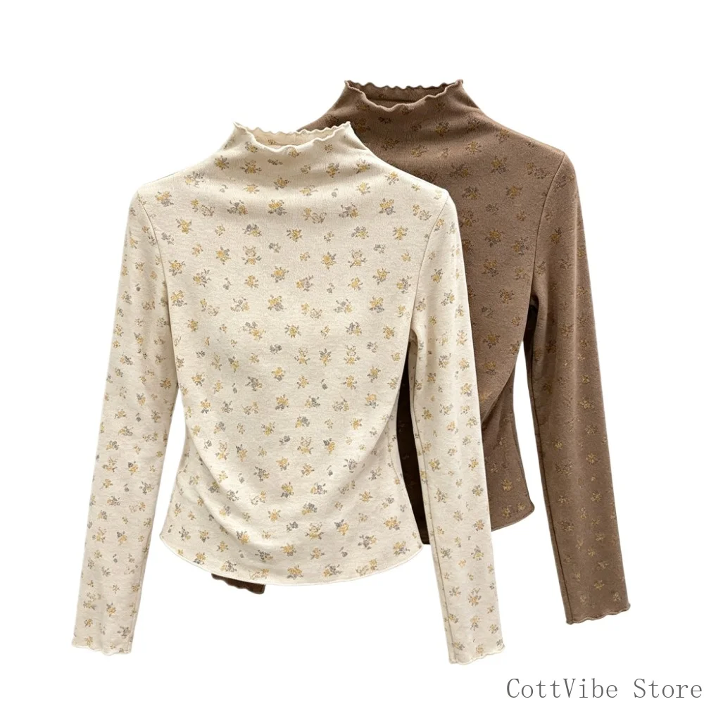 Women Sweet Floral Print Ruffle High Neck Base Layer Dralon Thermal Long Sleeve Tops Slim Fit Korean Style Daily Commute Autumn
