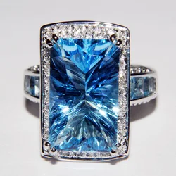 Delicate Favorite Aquamarine Topaz Sapphire Princess Baguette Couple Ring For Women Geometric Full Diamond Anniversary Jewelry