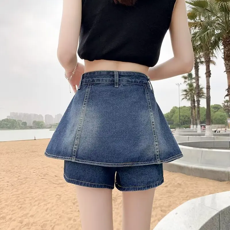 Amerikaanse retro denim shorts met hoge taille, halflange rok voor dames, lente nieuwe A-lijn taartculottes