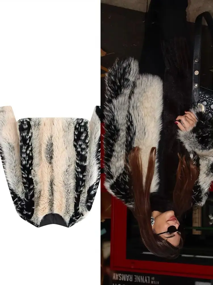 

HH Fashion Women Long Sleeve O-Neck Warm Jacket Hidden Buckle Color Block Decoration Woman Outwear Faux Fur Effect Short Jacket