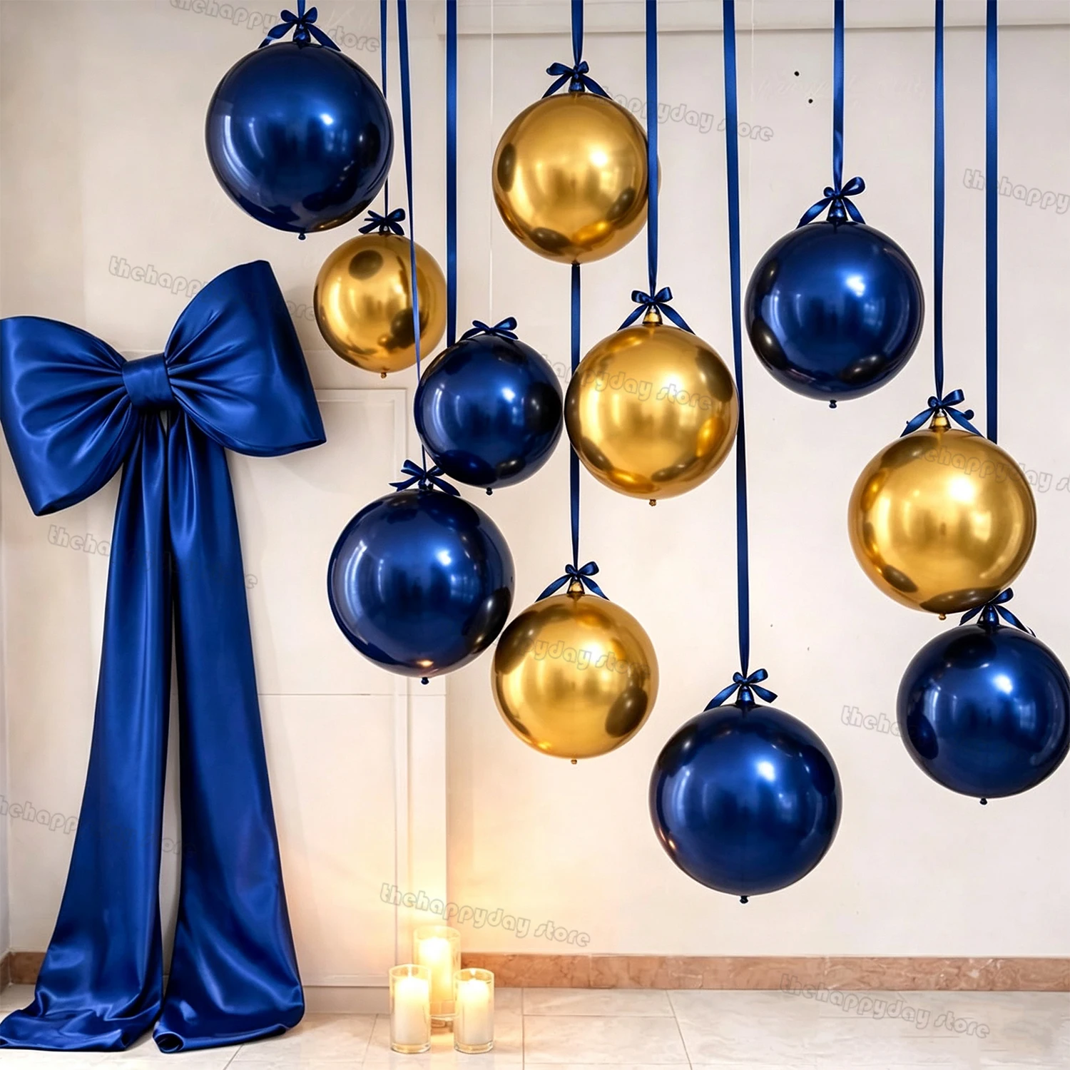 13-teiliges Set Hängende Marineblau-Goldene 4D Runde Folienballons 22/15/10 Zoll Bandballons 4D Runde Helium-Globen für Geburtstag Hochzeit Weihnachten