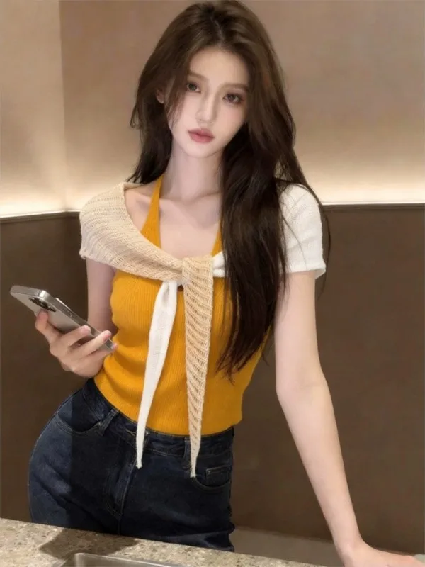 Spicy Girl Knitted Slim Fit Shoulder Wrap Yellow Knit Tank Top And Vest Set Women Summer Sleeveless Layering Top Ensemble