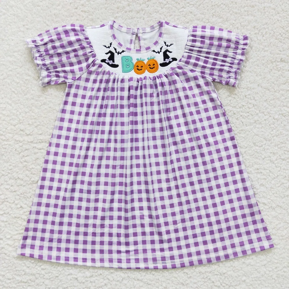 

Toddler Infant Pumpkin Embroidery Clothes Kids Smocked Dress Purple Plaid Children Short Sleeves Baby Girl Halloween Clothing