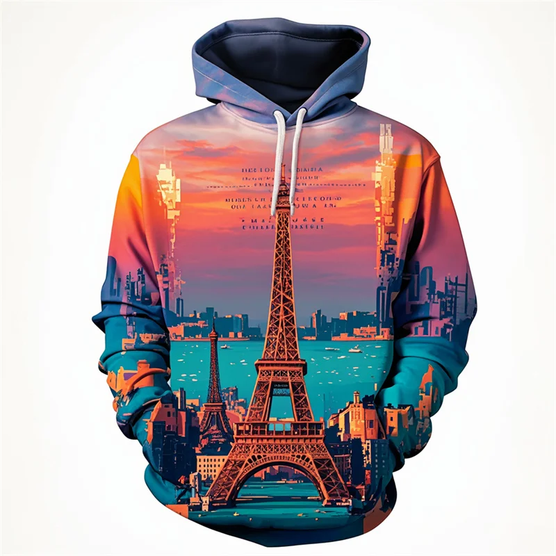 3D Print France Eiffel Tower Graphic Hoodies For Men Casual Pullover Long Sleeve Sweatshirts Clothes Mens Sport Tracksuit