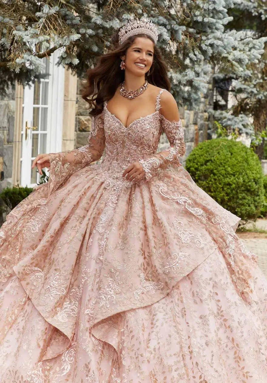 فساتين Quinceanera أنيقة مخصصة 2023 بأكمام طويلة مزينة بالدانتيل السباغيتي الحلو 15 16 فستان رسمي Vestidos YQD44