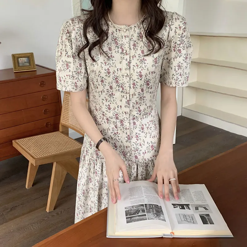 Chic Summer New Gentle round Ne Single Button Waist Inward Bubble Sve Floral Print Women's Dr Korean Sle High Waist...