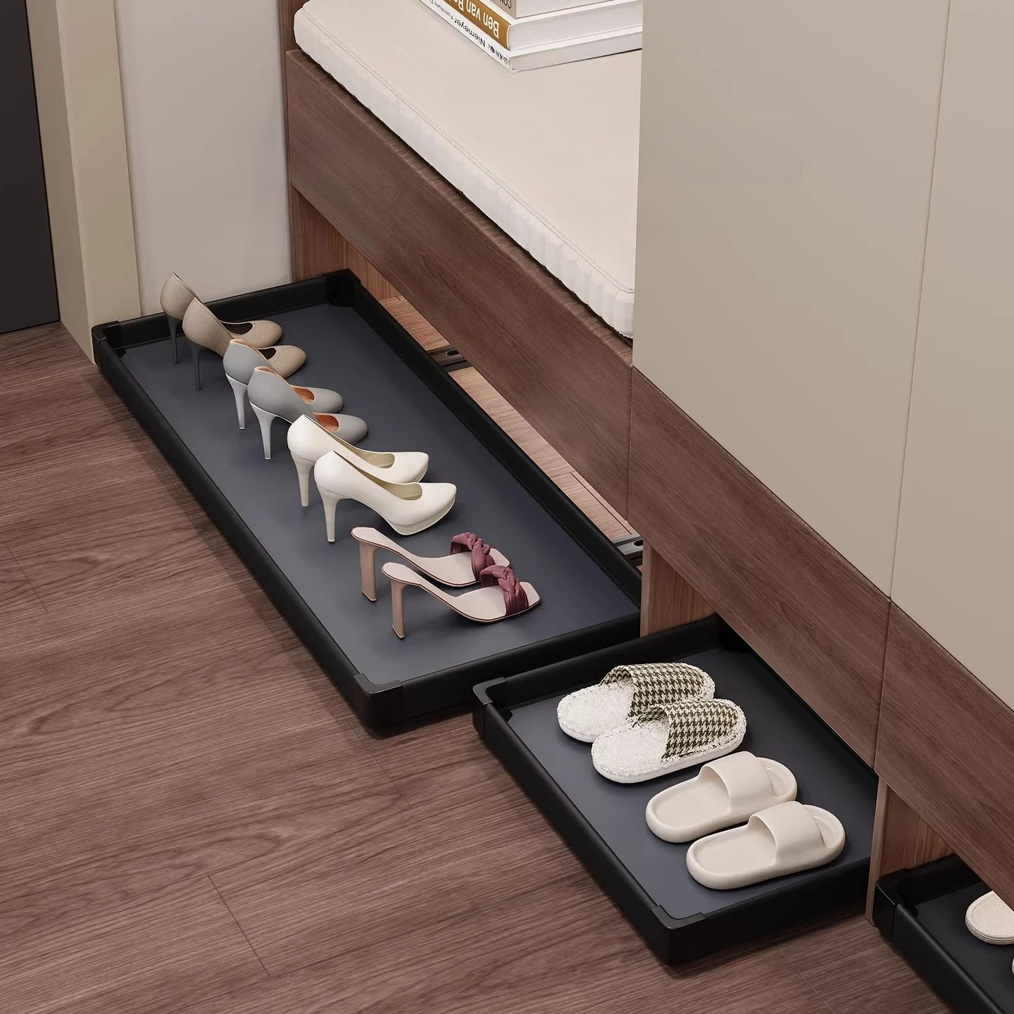 Shoe Storage Holders Shoe Cabinet Under Storage Racks Rebound Slide Rail Organize Trays Entrance Multifunctional Organize Trays