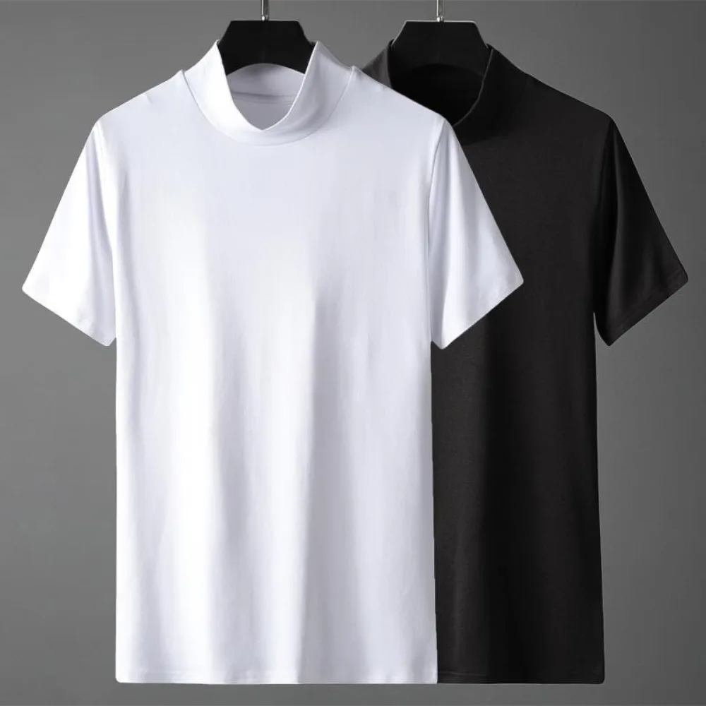 Fashion 2023 Smooth Oversize Crossfit Men's Stretch Short Sleeve Turtleneck Tee Tops Casual Solid Color Slim Base Layer Shirt