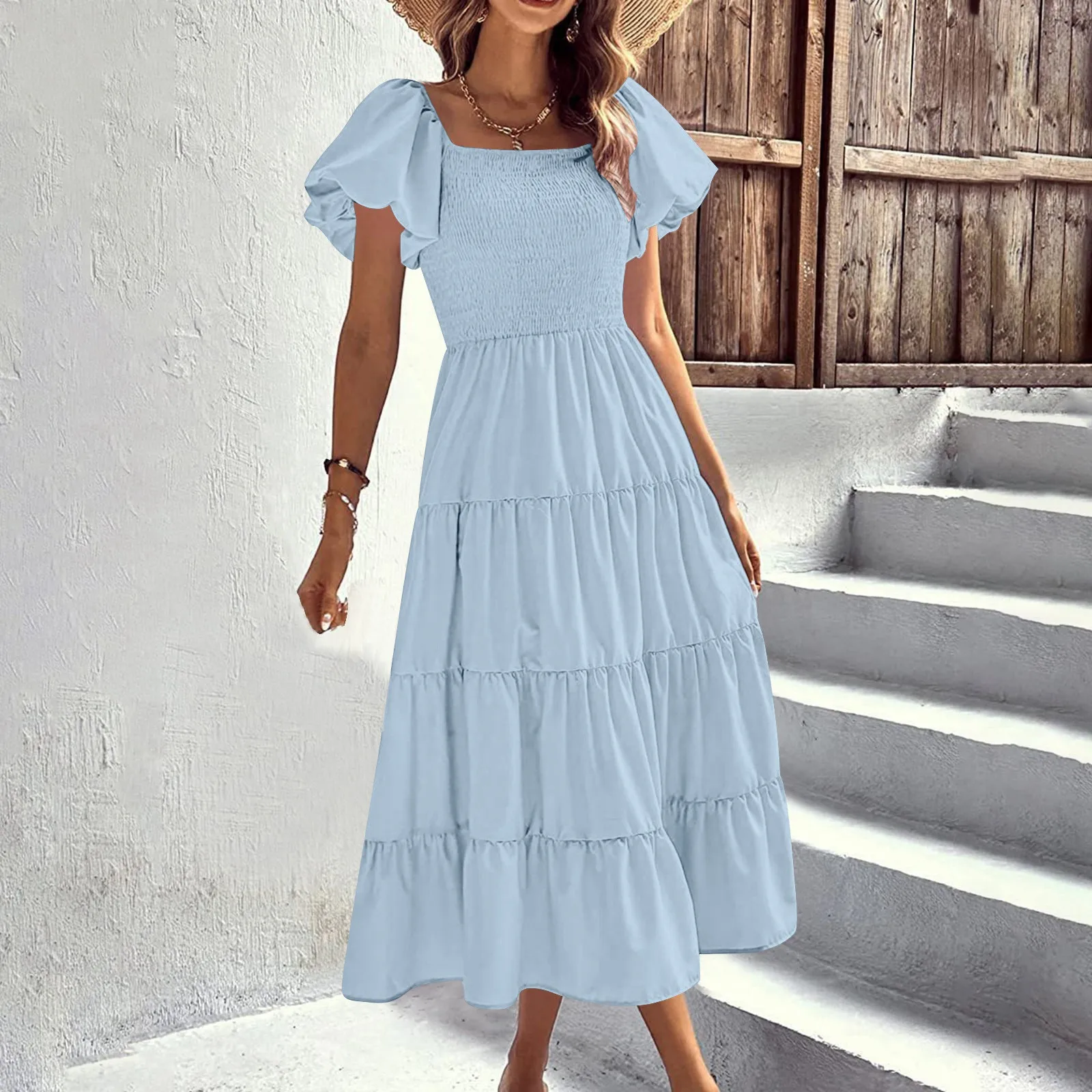 

Slim Fit French Elegant Midi Dress Women Square Neck High Waisted Pleated Dresses Short Sleeved Solid Color Casual Dress