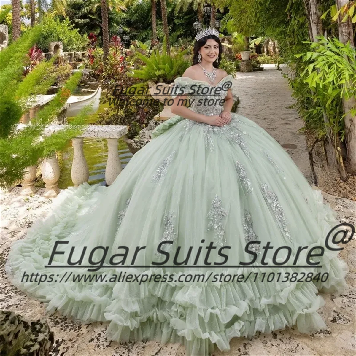 Light Green Glitter Ball Gown Quinceanera Dresses Off The Shoulder Appliques Lace Beads Tull Tiered Sweet 16 Vestidos De 15 Anos