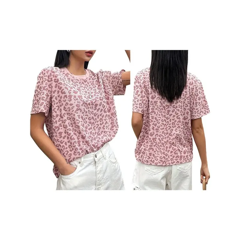 NEW-Women's Crew Neck Vertical Fine Texture All Over Leopard Print Loose Short Sleeve Casual T-Shirt