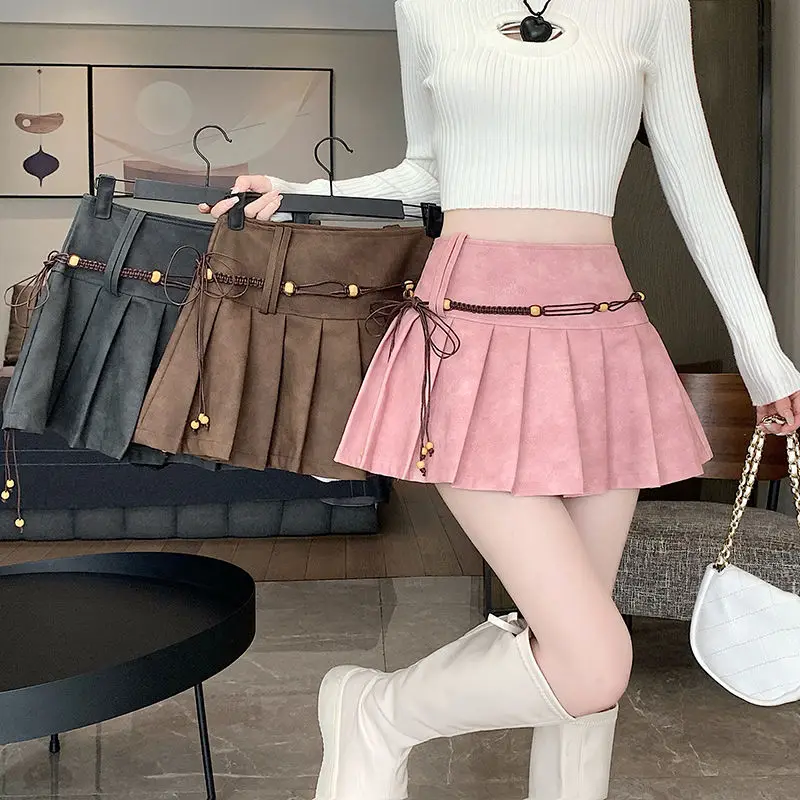 Vintage Skirts Femme Autumn High Waist Trend Sweet A-line Skirt Women Clothes Fashionable Solid Color Lively Cute Pleated Skirt