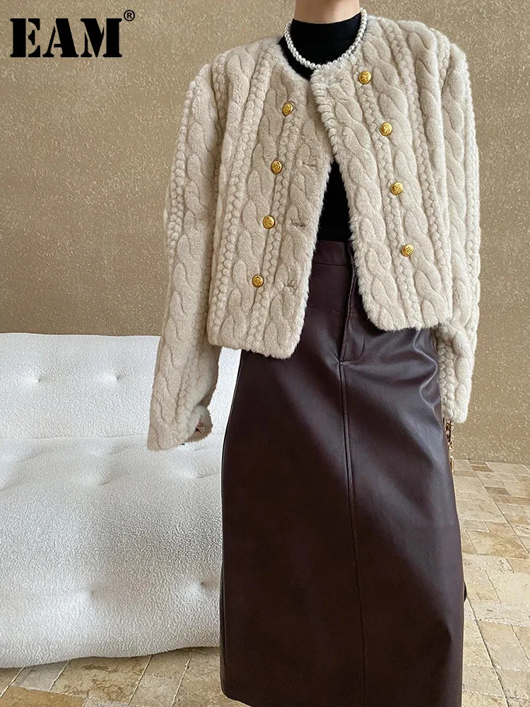 [EAM] Beige Big Size Keep Warm Short Faux Fur Jacket New Round Neck Long Sleeve Women Coat Fashion Autumn Winter 2024 1DH7867