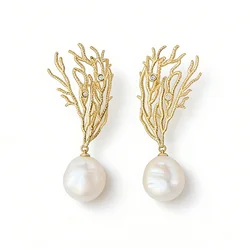 18K Gold Plated Coral Pattern Earring Inlaid Natural Baroque Freshwater Pearl Fashion Creative 925 Sterling Silver Earrings