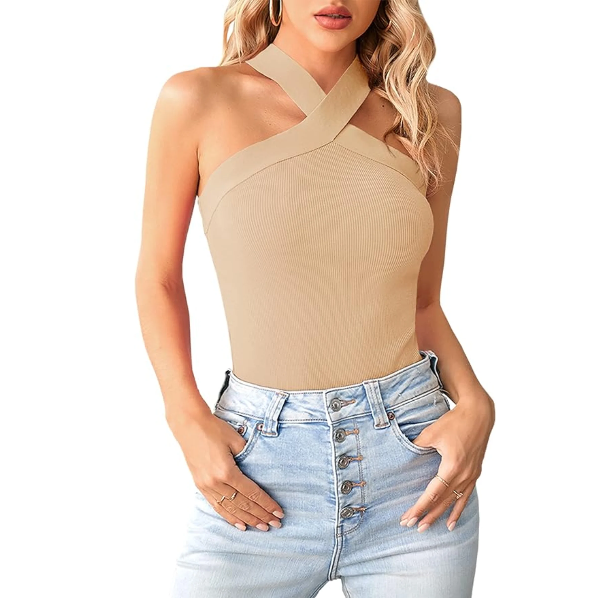 

Women Criss Cross Halter Tank Top Solid Ribbed Sleeveless Shirts Vest Summer Casual Basic Cami Tops Nude